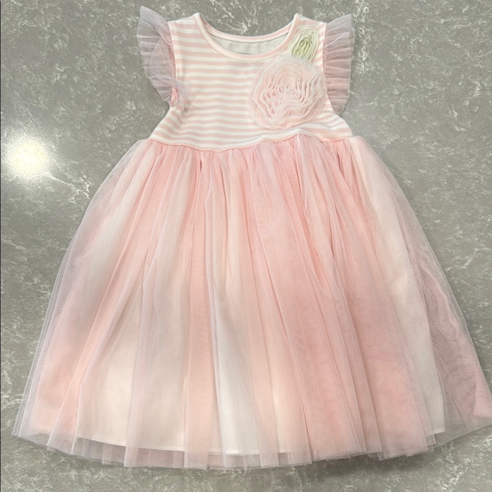Pippa & Julie Pink Striped Tulle Skirt Flutter Sleeve Dress